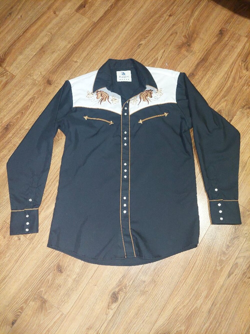 Ranger's Pearl Snap Western Men's L Black Embroidered Button Up Shirt Size M